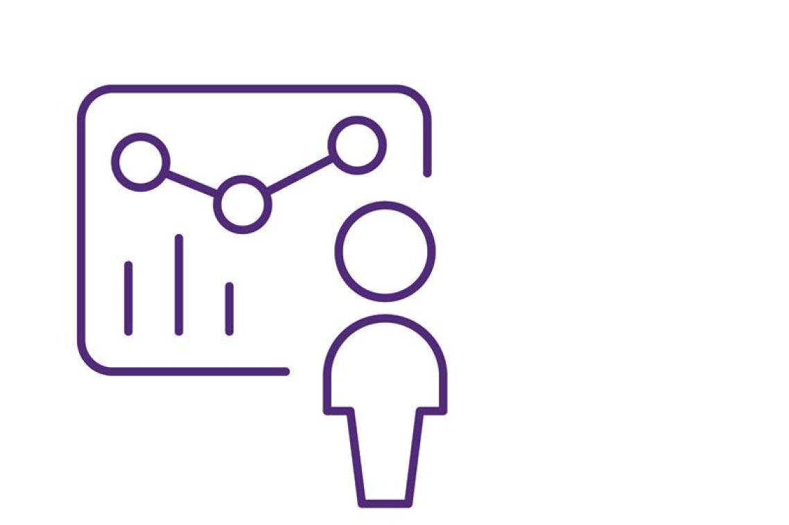 A graphic depicting a person standing in front of a panel with data symbols on it.